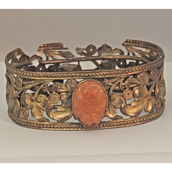 Antique Victorian Coral Cameo Bracelet Bangle Filigree Gold Tone Orange Stone - Picture 2 of 8